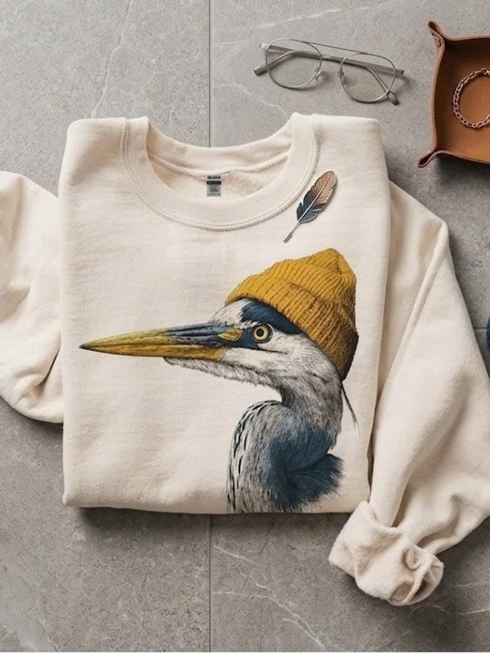 Blue Heron In Beanie Crewneck Sweatshirt Quirky Bird Lover Pullover